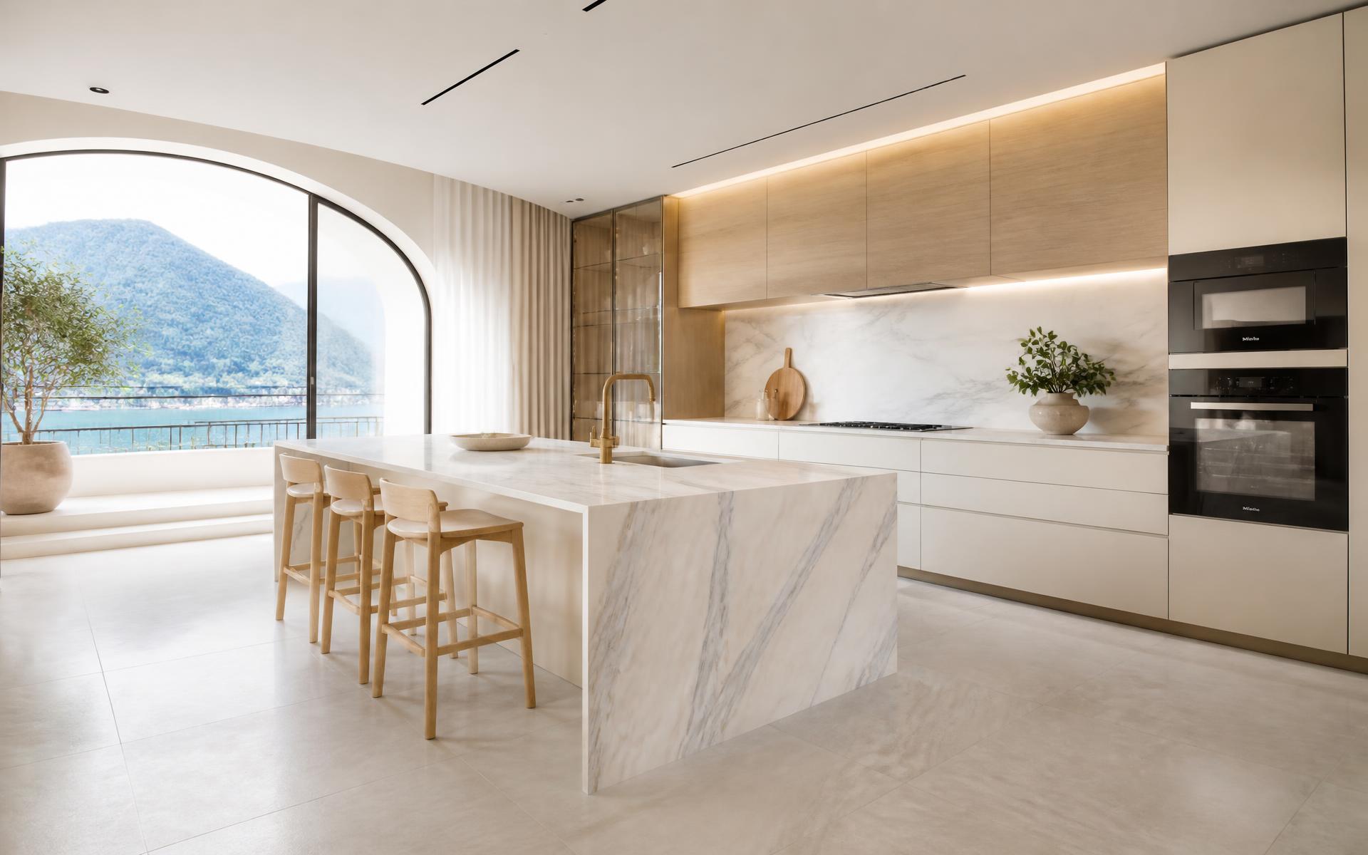 Luxury Italian kitchen with marble island and custom cabinetry in Michigan