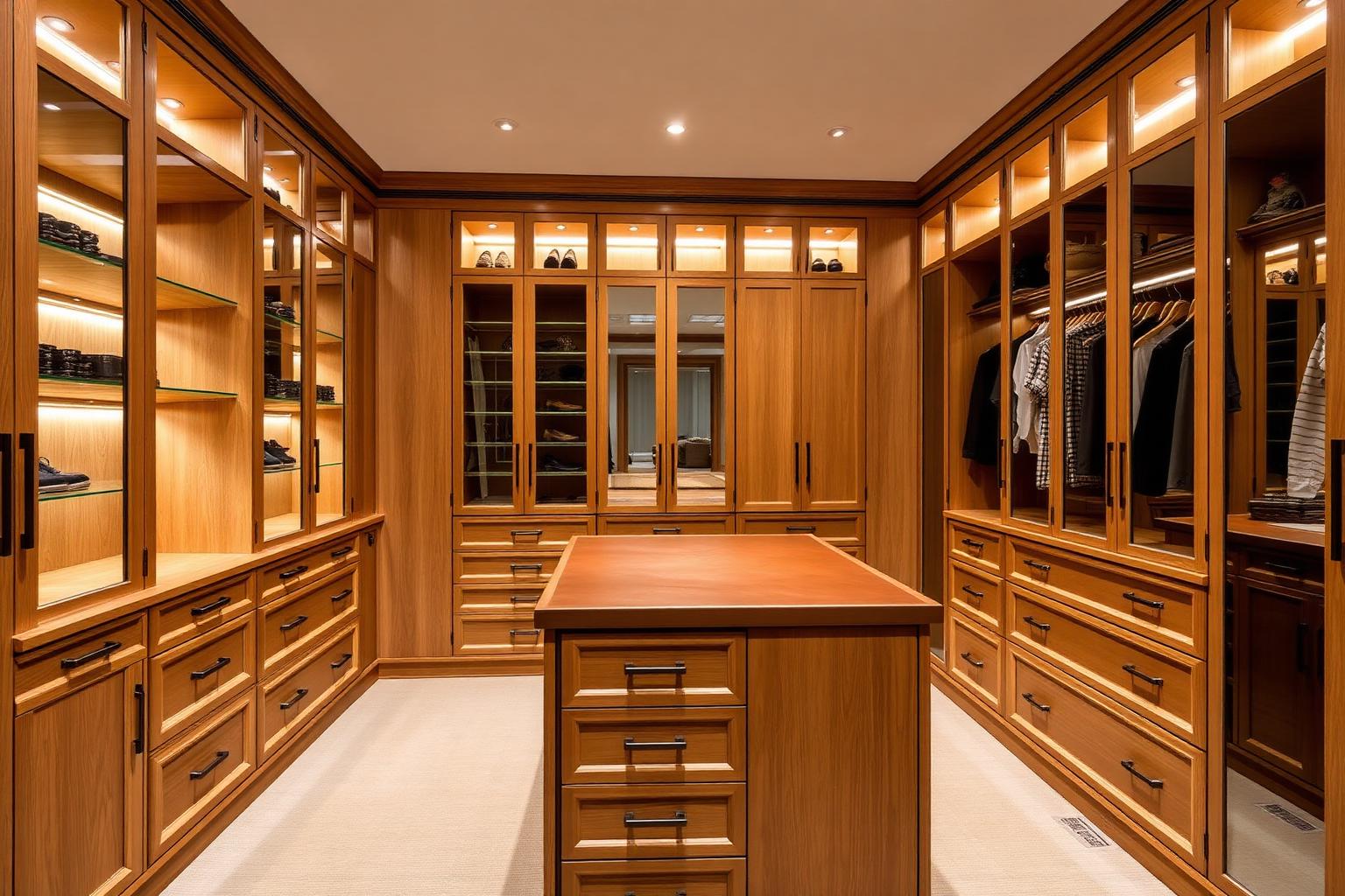 Custom walk-in closet with backlit shelving in a Michigan luxury home